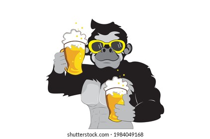 monkey hold beer glass with white backgroud