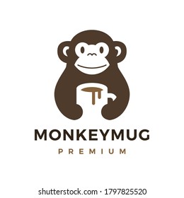 monkey hold mug coffee drink logo vector icon illustration