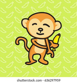 Monkey holding a banana with a banana background, vector illustration. 