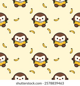 Monkey holding banana cartoon so cute. On banana background. Pattern seamless vector illustration. 