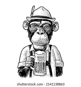 Monkey holding beer mug. Vintage black vector engraving illustration isolated on white background. For poster Oktoberfest festival