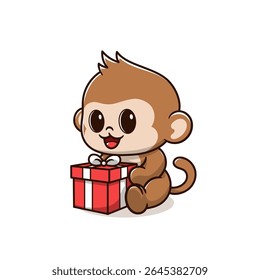 macaco segurando aniversário presente caixa de desenho animado