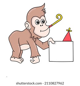 monkey is holding a blank board template, vector illustration art. doodle icon image kawaii.