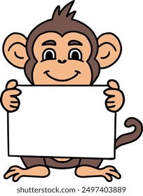 A monkey holding a blank piece of paper. The monkey is smiling and he is happy. Concept of playfulness and joy