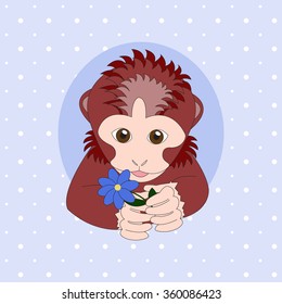 Monkey holding a blue flower. Print for cards, children's books, clothes