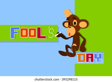 Monkey Holding Chalk Write Fool Day April Holiday Greeting Card Banner Flat Vector Illustration