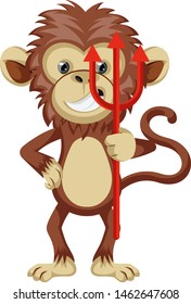 Monkey holding devil spear, illustration, vector on white background.
