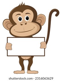 monkey is holding a empty sign, monkey cartoon isolated on white background, vector illustration 