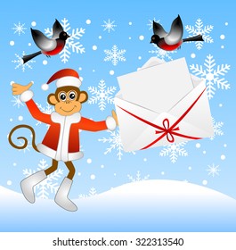 Monkey holding an envelope with a sheet of paper, vector illustration