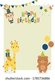 The monkey is holding a gift box, the giraffe has a gift box on the back, the bear is walking holding a balloon,Green Animal birthday card with text space, Cute Birthday invitation card, 