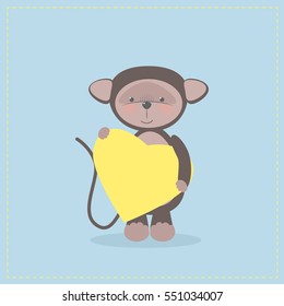 Monkey holding a heart. Plush toy monkey with heart. Gift. Postcard on Valentine's Day, birthday, Mother's Day. Vector cartoon