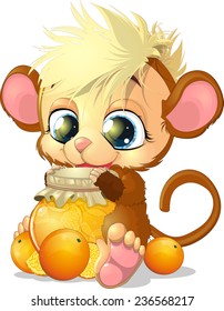 monkey holding a jar of jam in their paws on white background