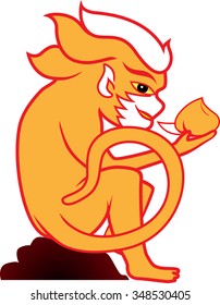 monkey holding peach, vector on white background