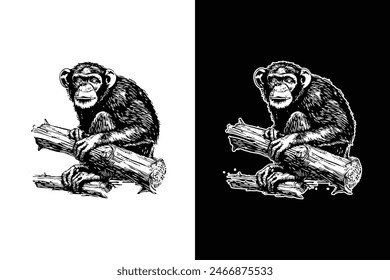 monkey holding a piece of wood, hand drawn woodcut engraving style vintage antique vector illustration