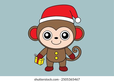 Monkey Holding Red Cap - Happy New Year Vector Illustration