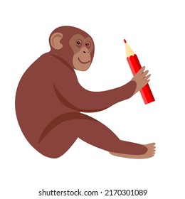 Monkey is holding a red pencil in his hand. Cartoon funny vector illustration isolated on transparent background.