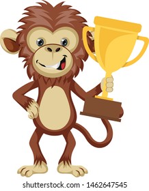 Monkey holding trophy, illustration, vector on white background.