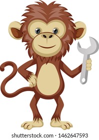 Monkey holding wrench, illustration, vector on white background.