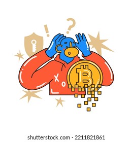 The monkey is horrified by the collapsing cryptocurrency market. Cyber ​​security, virtual theft. Investment, startup, search for new successful business ideas. Cartoon style in vector illustration.