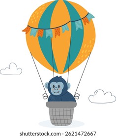 Macaco em balão de ar quente desenhado à mão, estilo doodle. Adequado para crianças viagem temas e ilustrações de aventura. Plano de fundo branco com nuvens pequenas