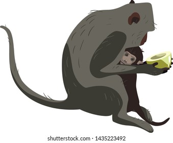 Monkey hugging cub and holding fruit