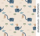 Monkey hung elephant cartoon so cute. On tree swamp background. Pattern seamless vector illustration. 