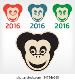 Monkey icon, monkey face. monkey symbol 2016. cheerful monkey. isolated monkey. happy New Year. 2016 year