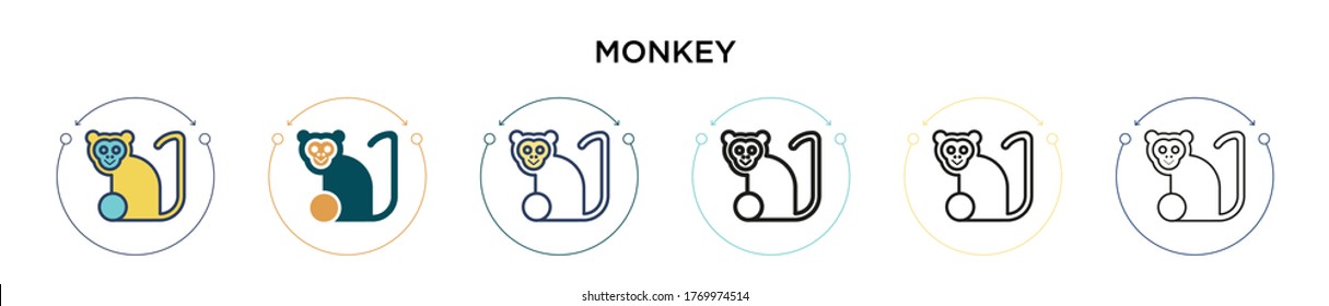 Monkey icon in filled, thin line, outline and stroke style. Vector illustration of two colored and black monkey vector icons designs can be used for mobile, ui, web