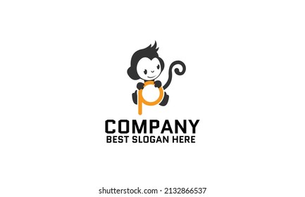 Monkey icon logo with letter P template design illustration