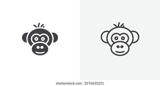 Monkey icon set in black flat solid and outlined style.