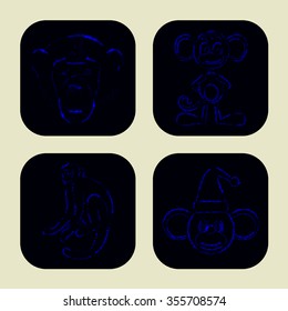 Monkey icons of blue lights on dark background