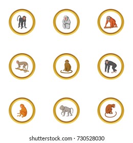 Monkey icons set. Cartoon style set of 9 monkey vector icons for web design