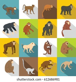 Monkey icons set. Flat illustration of 16 monkey types vector icons for any web