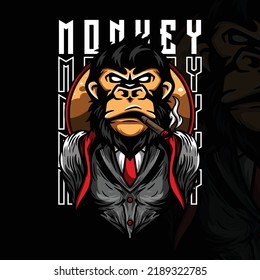 Monkey illustration logo character with suit and cigarette suitable for printing and other uses