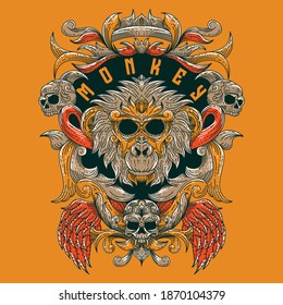monkey image and there is a combination of dark green brown yellow orange skull ornament