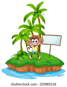 A monkey in the island with an empty board on a white background 