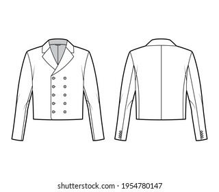 Monkey jacket technical fashion illustration with double breasted, long sleeves, notched collar, waist length. Flat coat template front, back, white color style. Women, men, unisex top CAD mockup