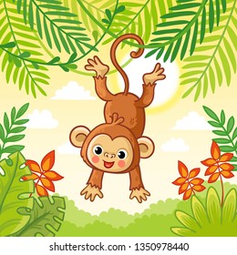 Monkey jumping on the trees. Cute animal in a cartoon style. Vector. Macaque in nature.