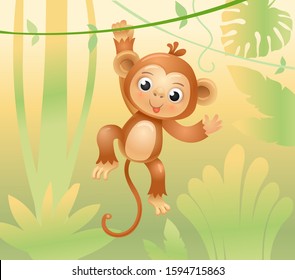 The monkey jumps on branches and vines. Cheerful monkey. Animals in the jungle. Joyful monkey. Vector illustration