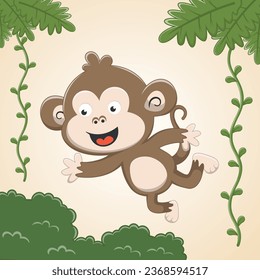 The monkey jumps on branches and vines. Cheerful monkey. Animals in the jungle. Joyful monkey. Vector illustration