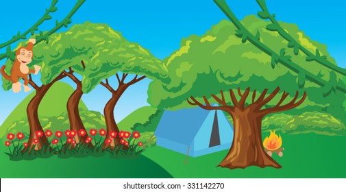 monkey in jungle cartoon forest illustration ape hanging tree 