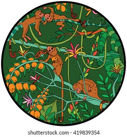 Monkey in the Jungle in the Circle. Coloring page.