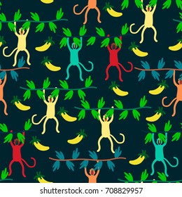Monkey in jungle. Cute seamless pattern. Vector illustration.