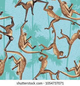 Monkey in the jungle realistic seamless vector pattern. Palm trees background