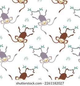 Monkey jungle seamless cute doodle pattern concept. Vector graphic design illustration