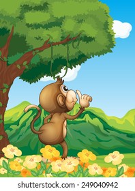 A monkey at the jungle standing under the tree
