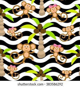 Monkey kid seamless vector pattern for textile print. White and black wave stripes happy cartoon jungle ape with coconut palm trees. Baby fabric pattern.