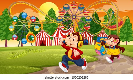 Monkey kids and amusement park scene illustration