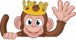 A Monkey King Cartoon Character Animal Wearing A Crown Peeking Over A Sign And Waving