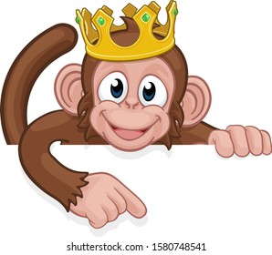 A monkey king cartoon character animal wearing a crown peeking over a sign and pointing at it 